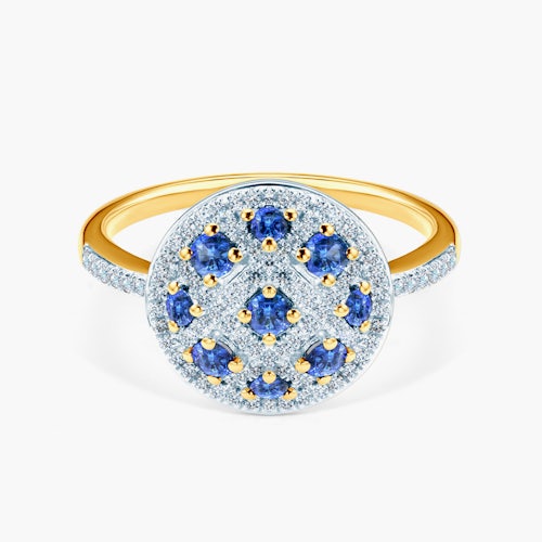 Pierścionek zaręczynowy SAVICKI: dwukolorowe złoto, niebieskie szafiry, diamenty